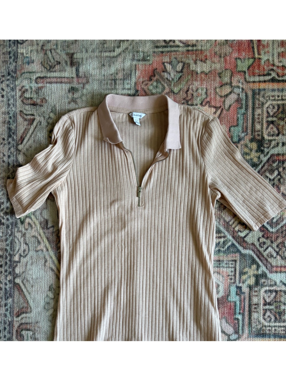 Calvin Klein Ribbed Knit Top in Light Taupe